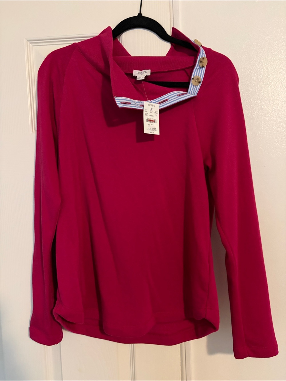 J. Crew Women's Bright Magenta Button-Neck Hoodie Pullover